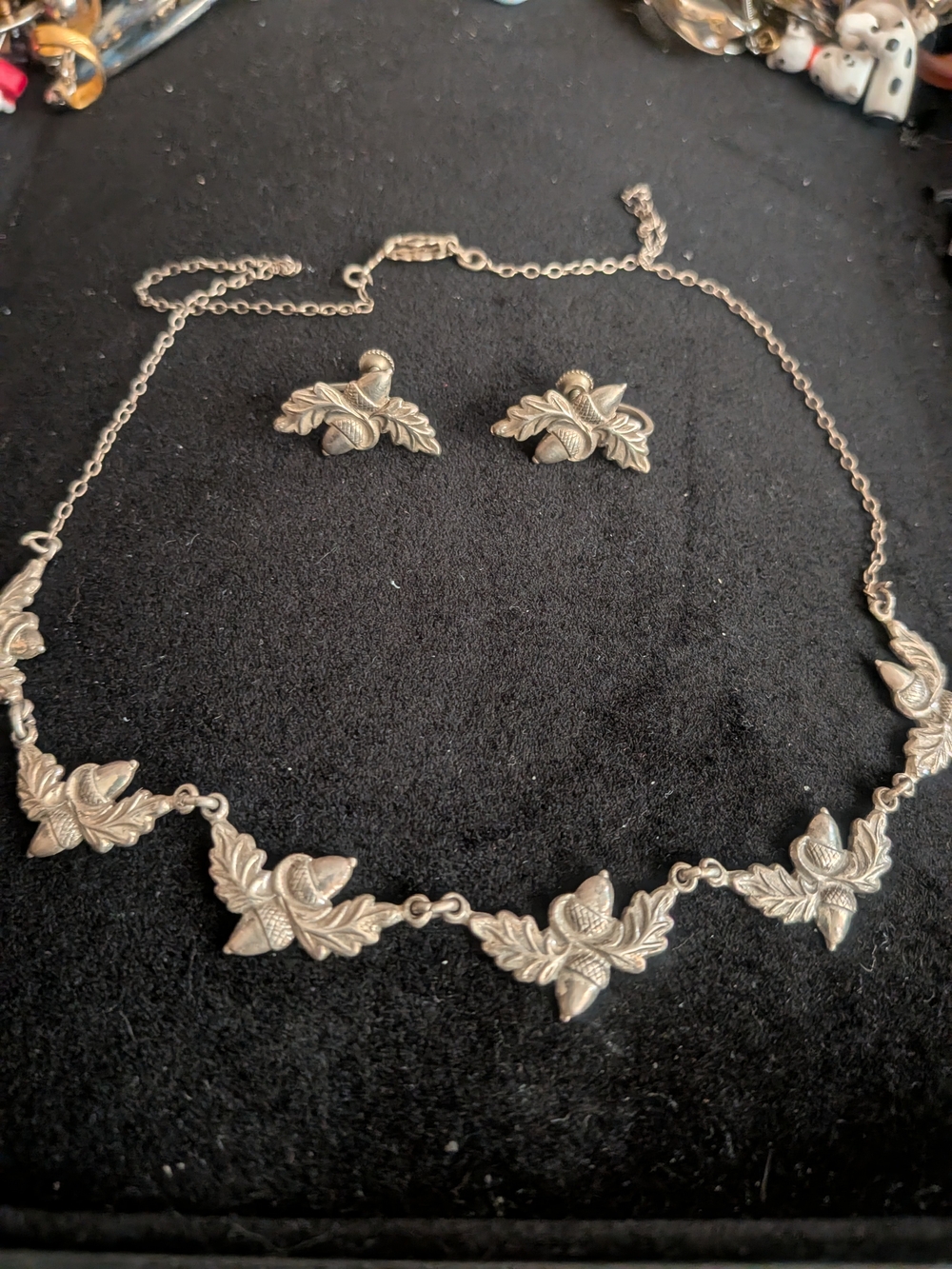 Vintage Danecraft Sterling Silver Acorn Necklace Earrings Set Art Nouveau